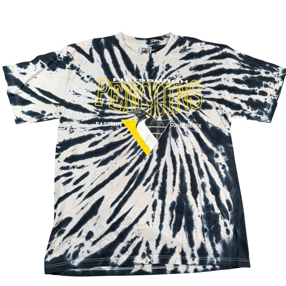 Savvy Pittsburgh Penguins T Shirt Mens L Black White Tie Dye NHL Vintage Hockey